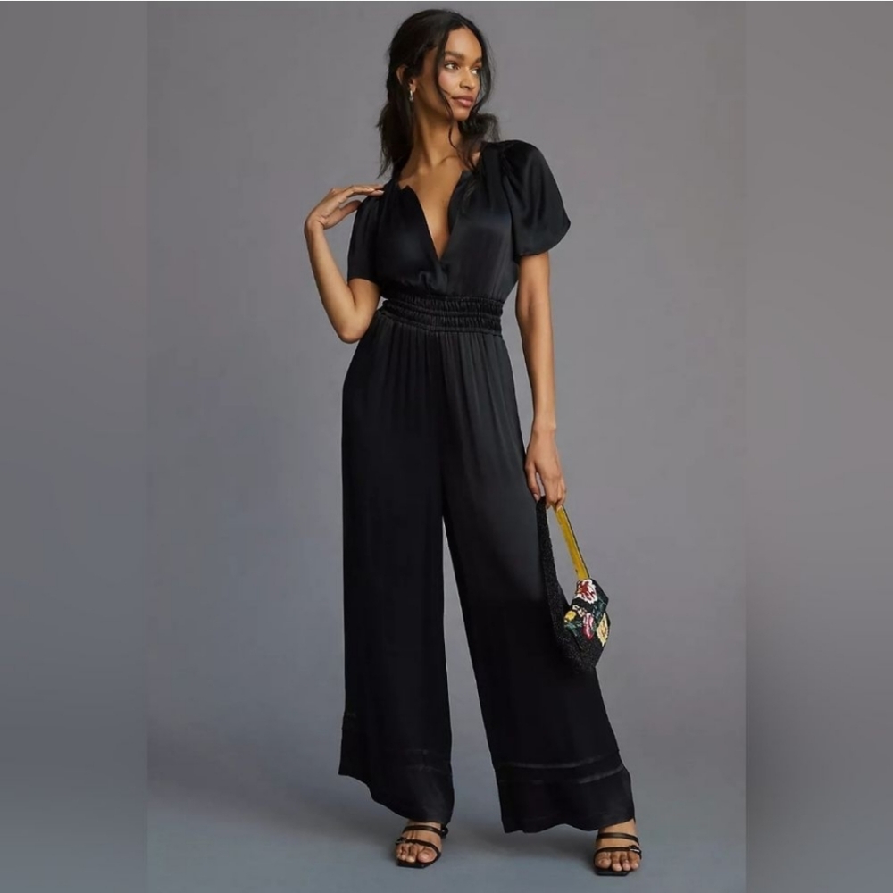 Anthropolgie Somerset Jumpsuit Black Satin Viscose Faux Wrap Flutter Sleeve (XS)